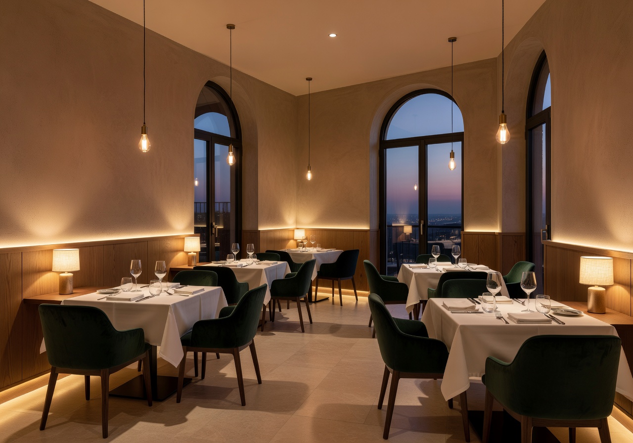Boutique hotel dining room with ambient lighting