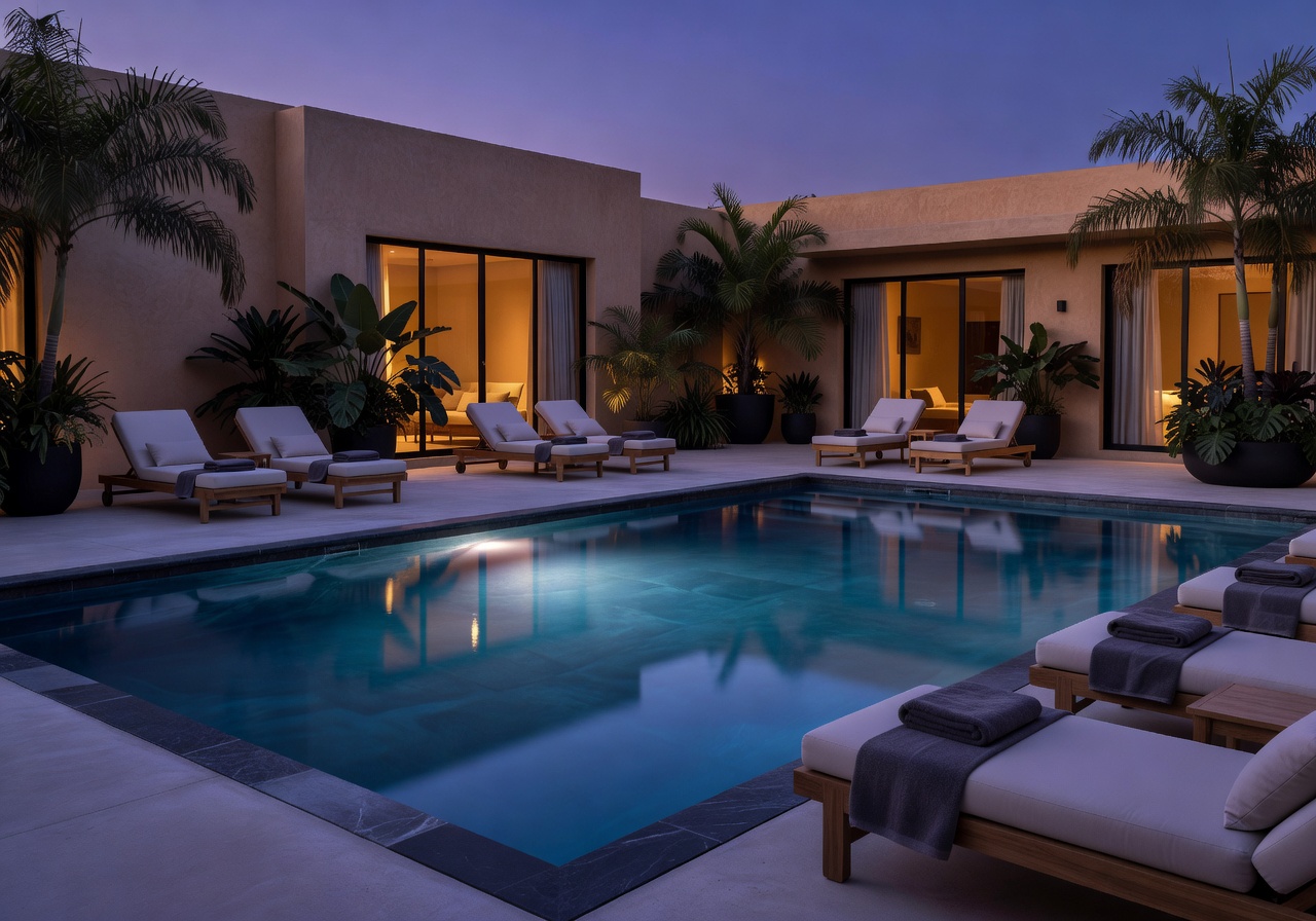 Boutique hotel swimming pool at dusk