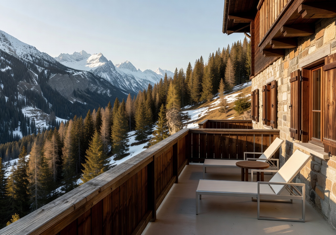 Hotel balcony overlooking alpine landscape