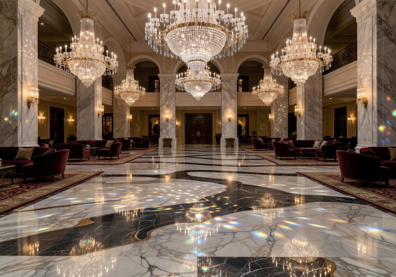Hotel lobby with marble floors and chandeliers