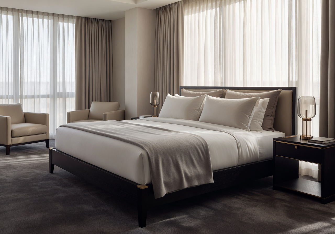 Luxury hotel suite bedroom with soft natural light